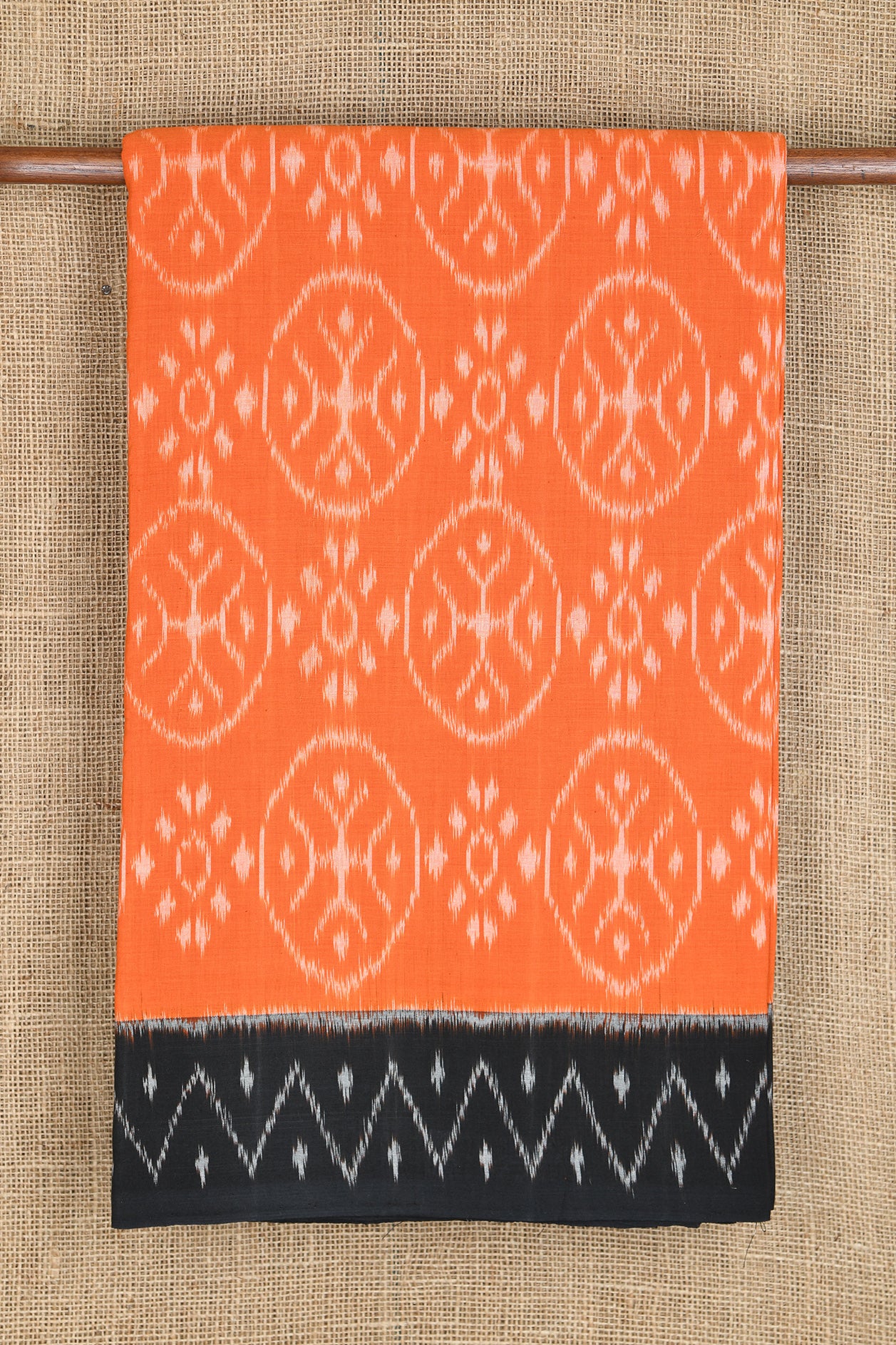 Contrast Border With Circle Design Bright Orange Pochampally Cotton Saree