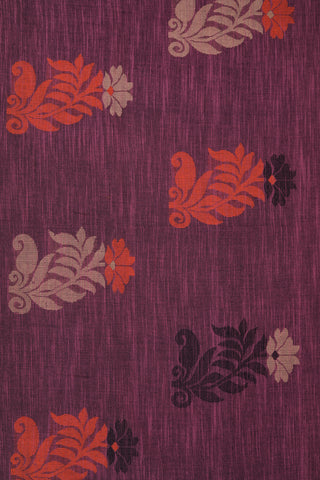 Contrast Border With Embroidered Floral Motif Plum Purple Bengal Cotton