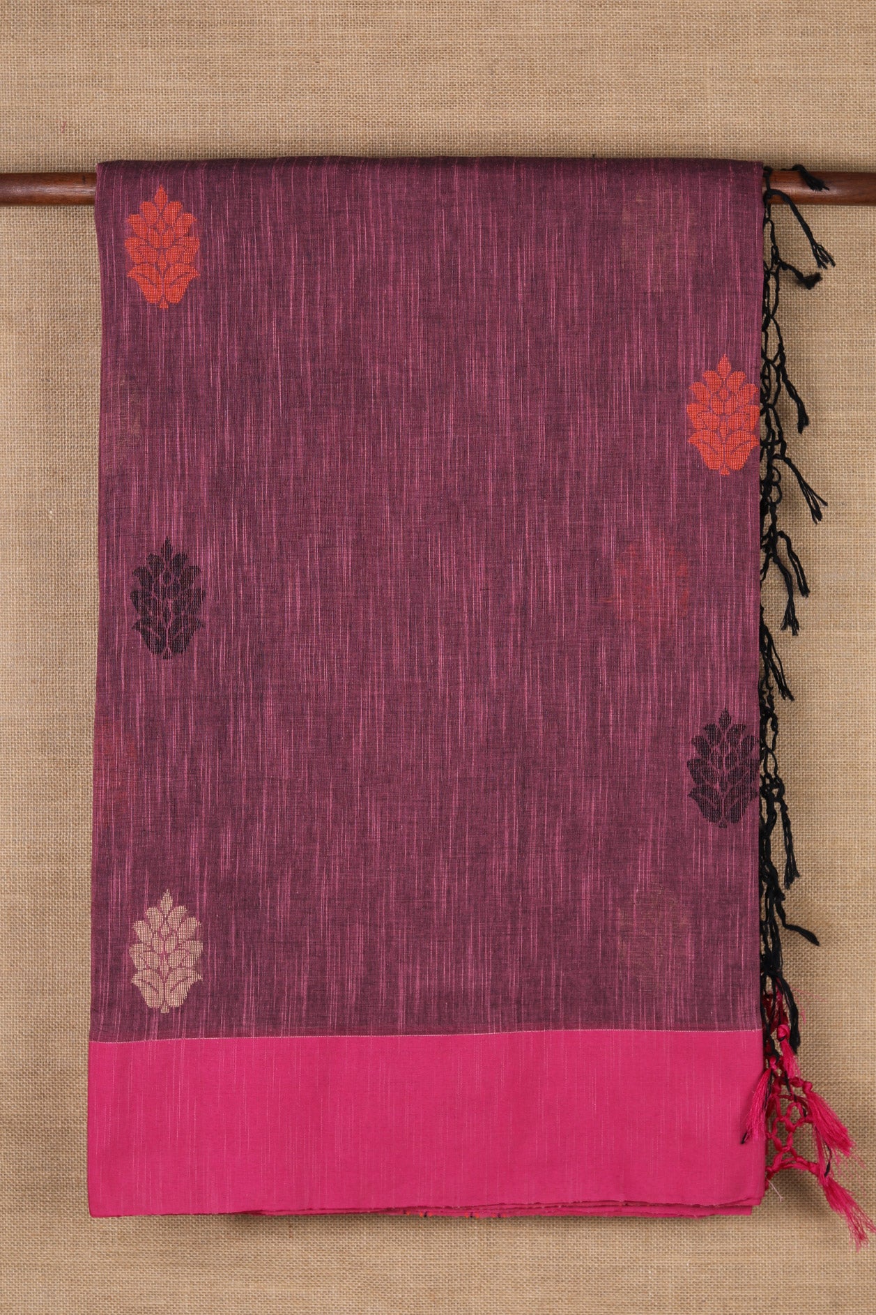 Contrast Border With Embroidered Floral Motif Plum Purple Bengal Cotton