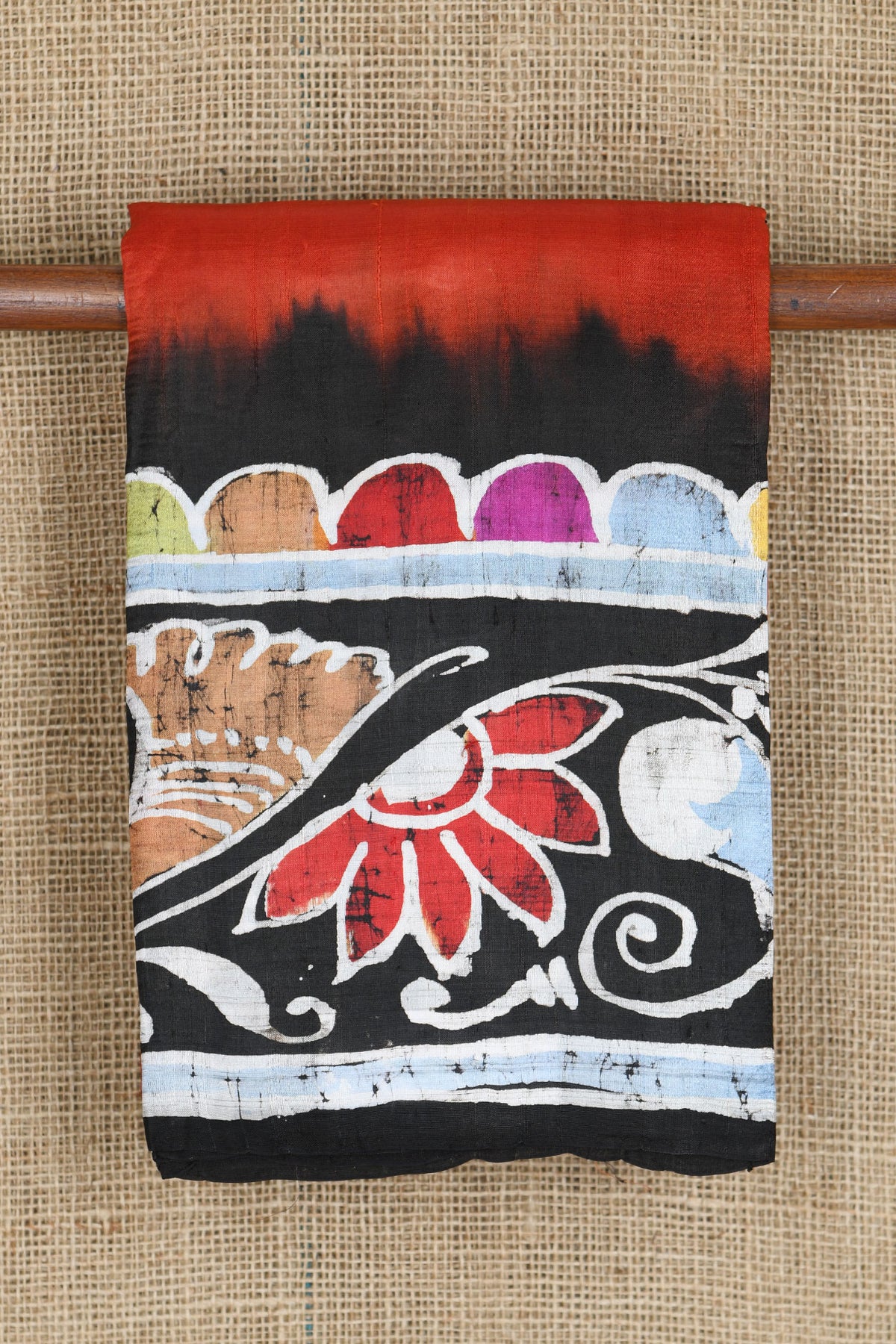 Contrast Border With Floral Design Red Batik Printed Silk Saree