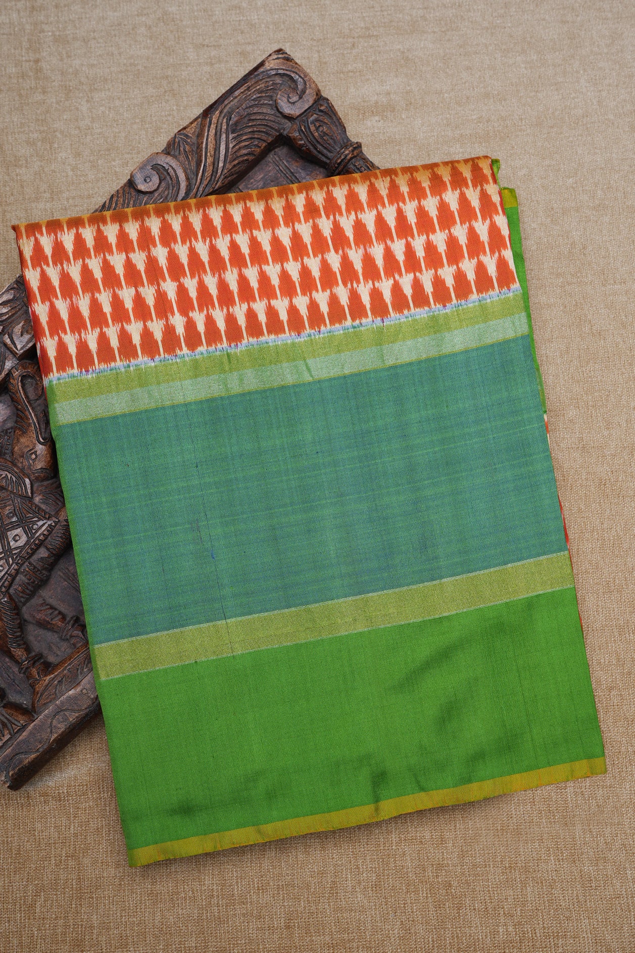 Contrast Border Orange And Beige Pochampally Silk Saree
