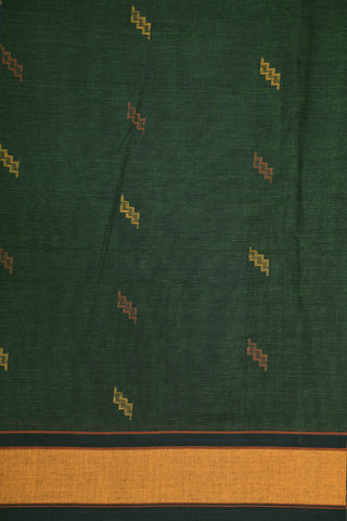 Contrast Border With Jamdhani Buttis Olive Green Hand Spun Bengal Cotton Saree