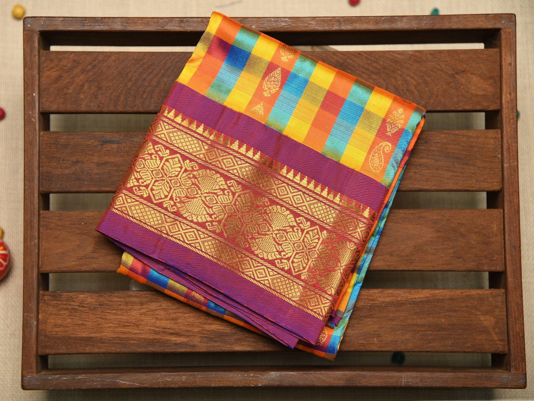 Contrast Korvai Border With Multicolor Checks And Buttis Kanchipuram Silk Unstitched Pavadai Sattai Material