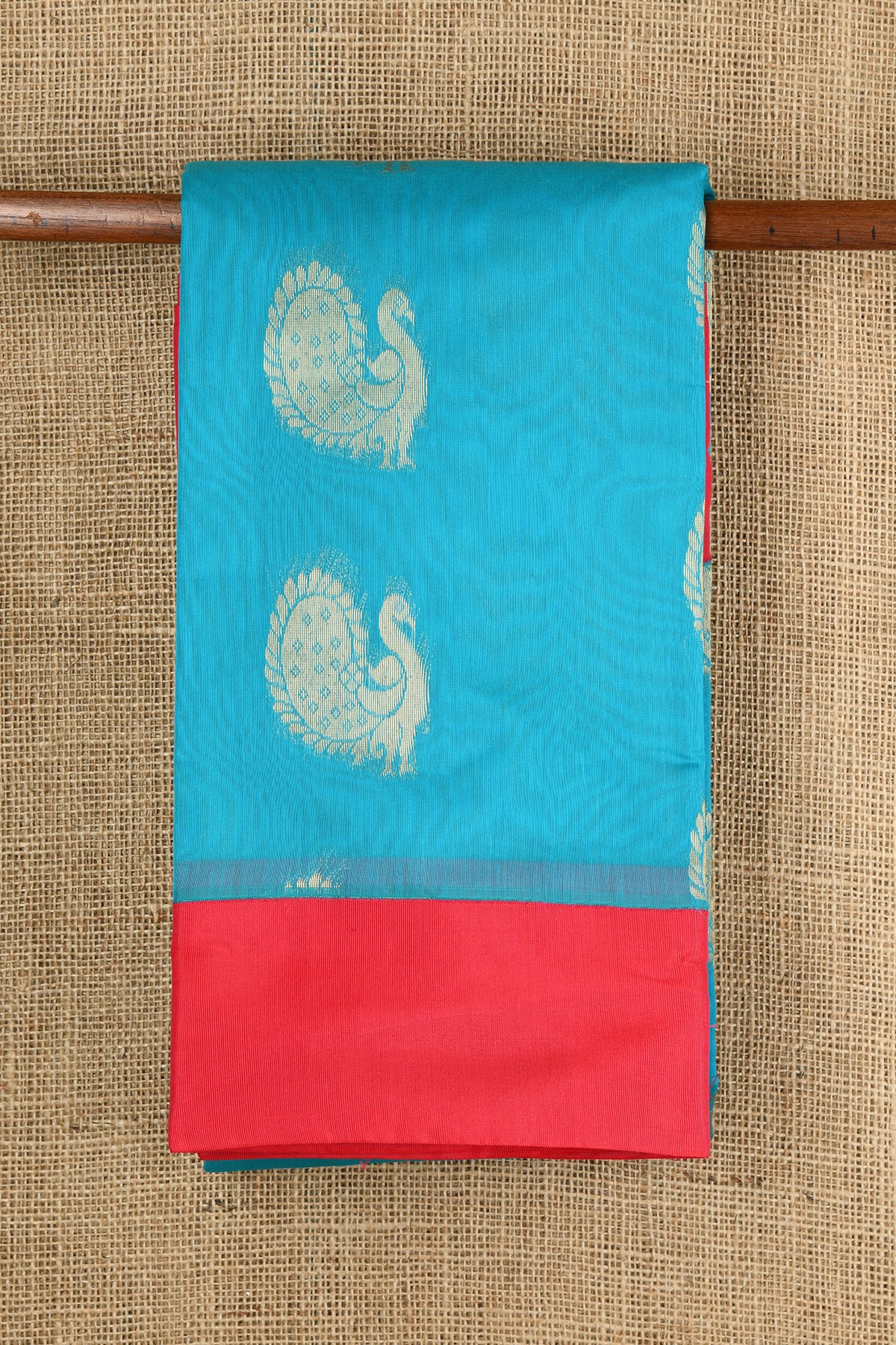Contrast Border With Peacock Butta Cerulean Blue Semi Kora Silk Cotton Saree