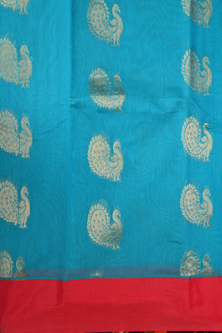 Contrast Border With Peacock Butta Cerulean Blue Semi Kora Silk Cotton Saree