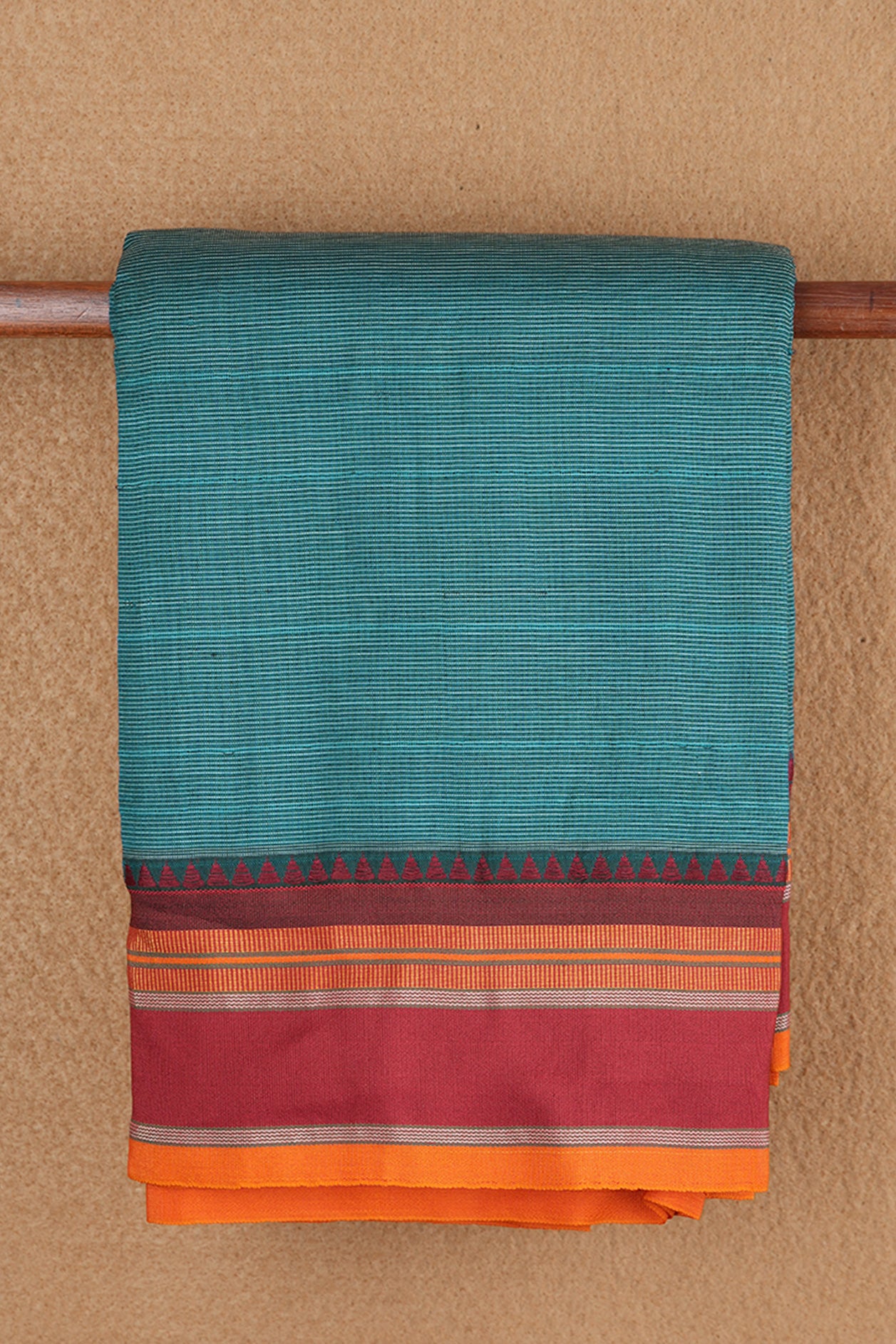 Contrast Border With Stripes Teal Blue Dharwad Cotton Saree