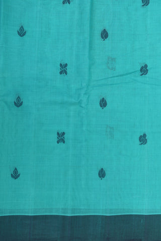 Contrast Border With Thread Work Floral Buttis Turquoise Kanchi Cotton Saree