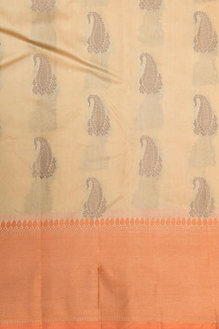 Contrast Border With Thread Work Paisley Buttas Cream Color Raw Silk Saree
