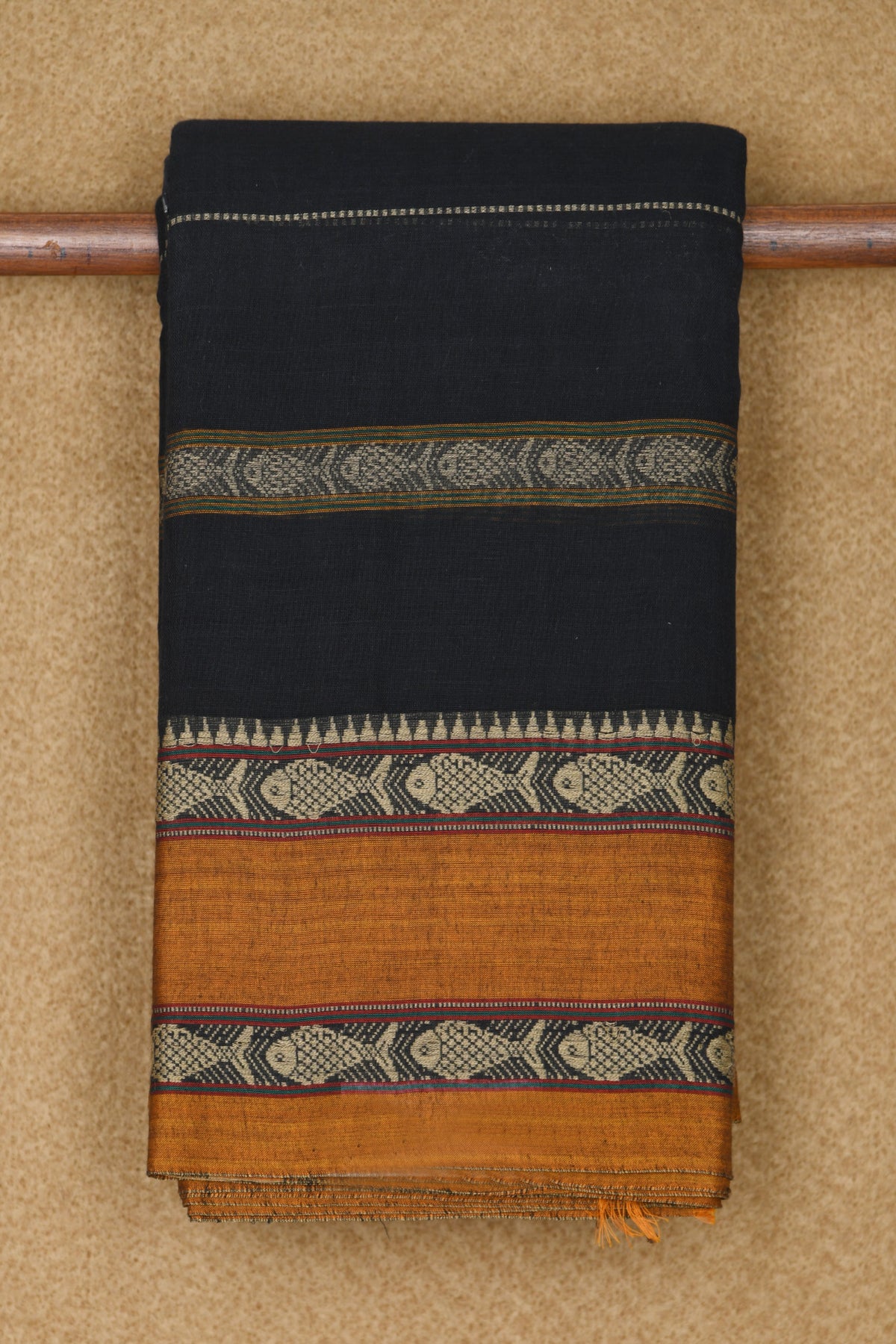 Contrast Border With Thread Work Stripes Black Chettinad Cotton Saree With Ikat Blouse