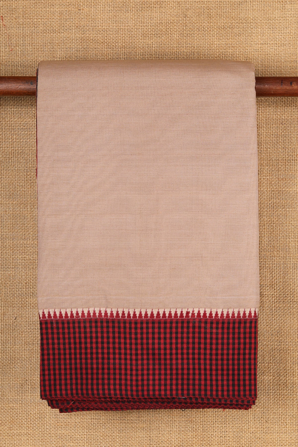 Contrast Checked Border In Plain Light Beige Dharwad Cotton Saree