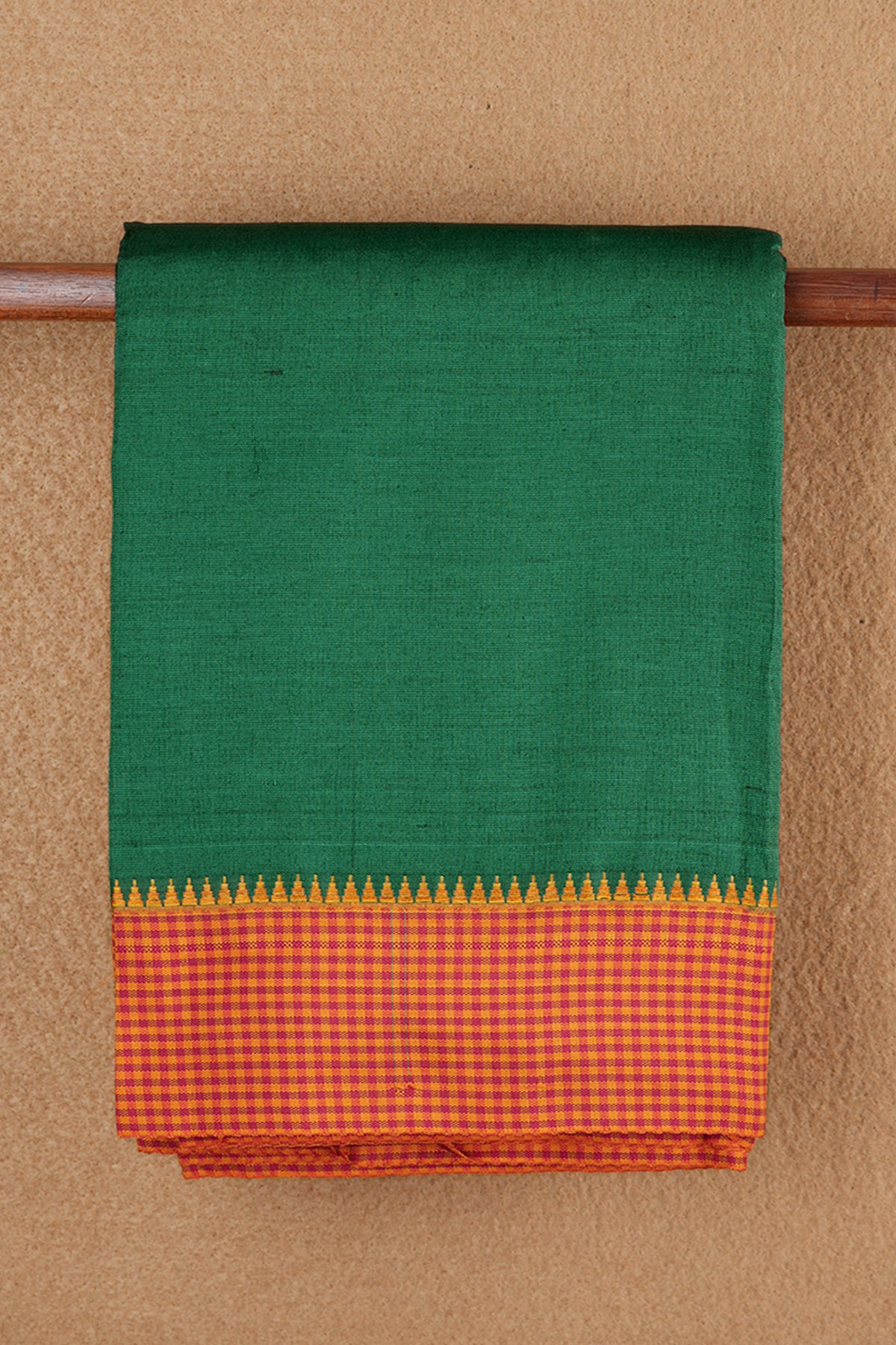 Contrast Checked Border Plain Emerald Green Dharwad Cotton Saree