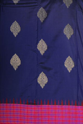 Contrast Checked Border With Floral Zari Butta Navy Blue Art Silk Saree