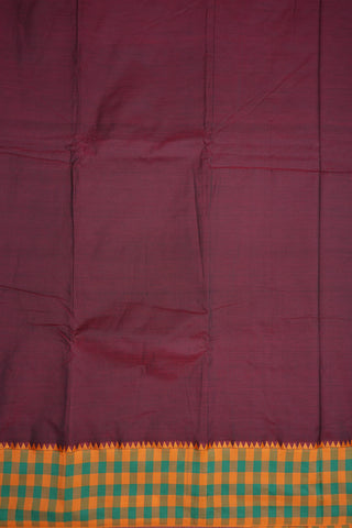 Contrast Checked Threadwork Border With Plain Burgundy Dharwad Cotton Saree