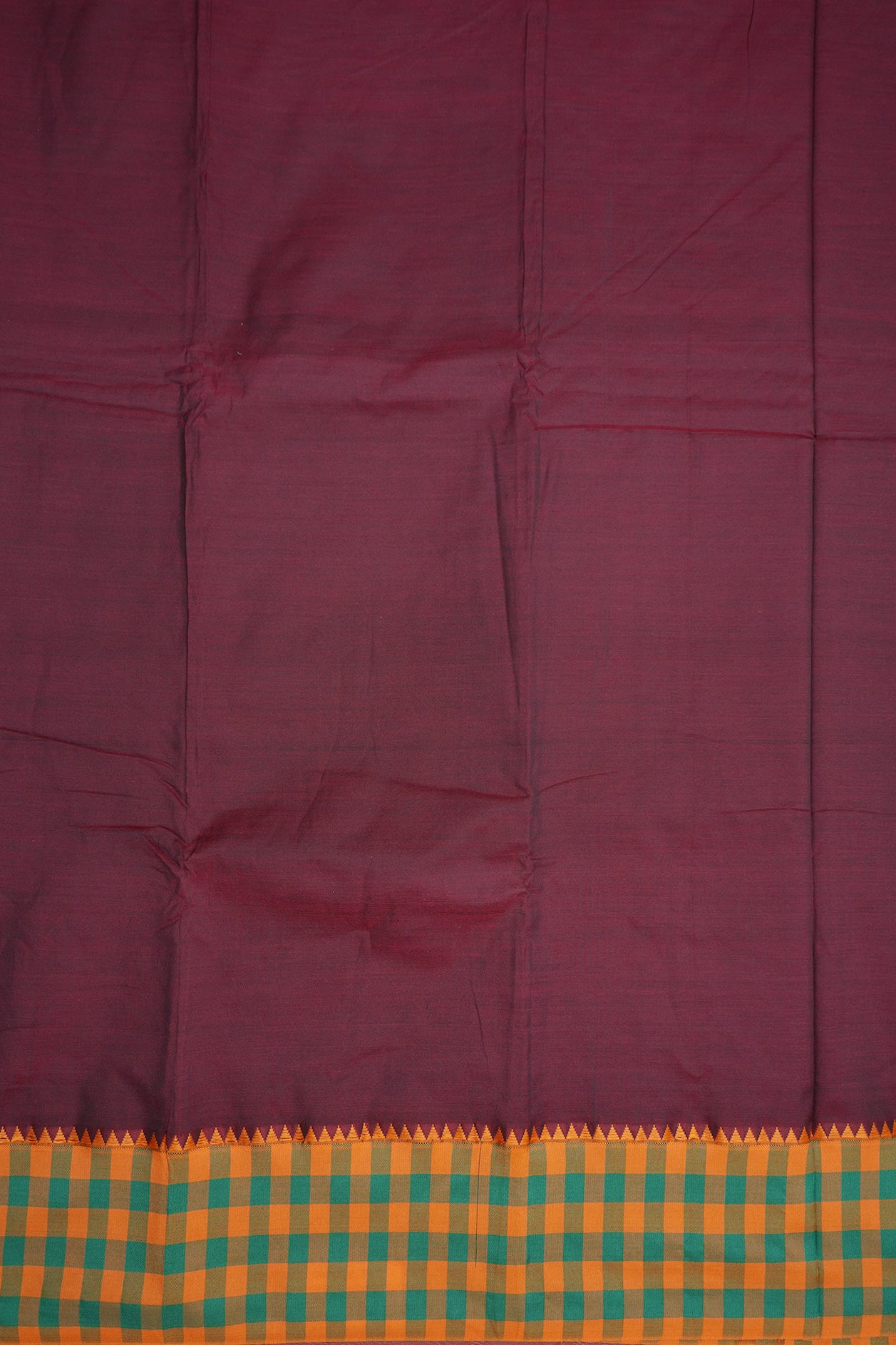 Contrast Checked Threadwork Border With Plain Burgundy Dharwad Cotton Saree
