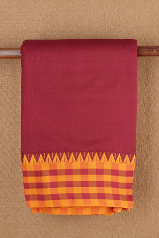 Contrast Checked Threadwork Border With Plain Ruby Red Dharwad Cotton Saree