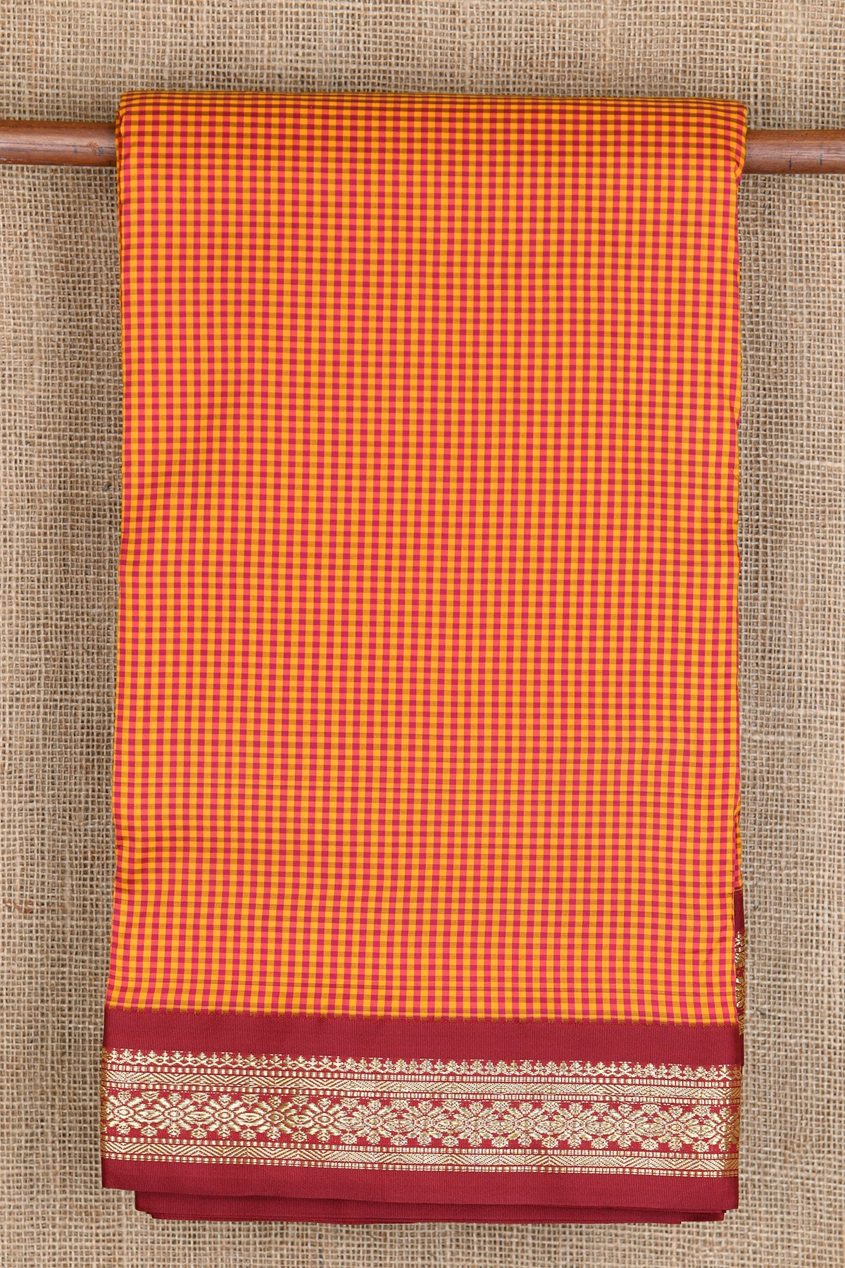 Contrast Floral Border With Small Checks Mustard And Maroon Nine Yards Art Silk Saree