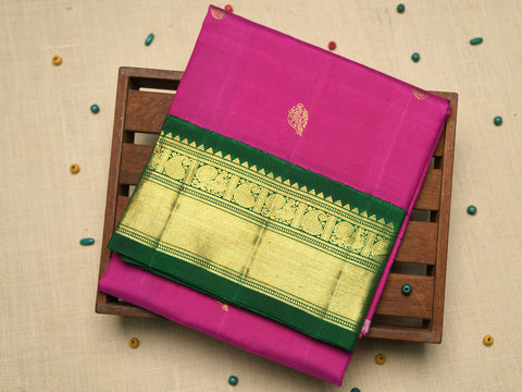 Contrast Korvai Border With Traditional Zari Buttas Magenta Purple Kanchipuram Silk Pavadai Sattai Material