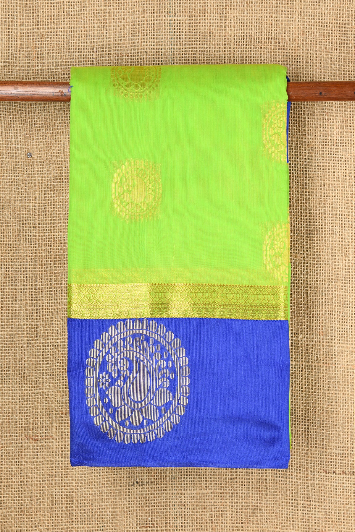 Contrast Mandala Border With Paisley Butta Parrot Green Semi Kora Silk Cotton Saree