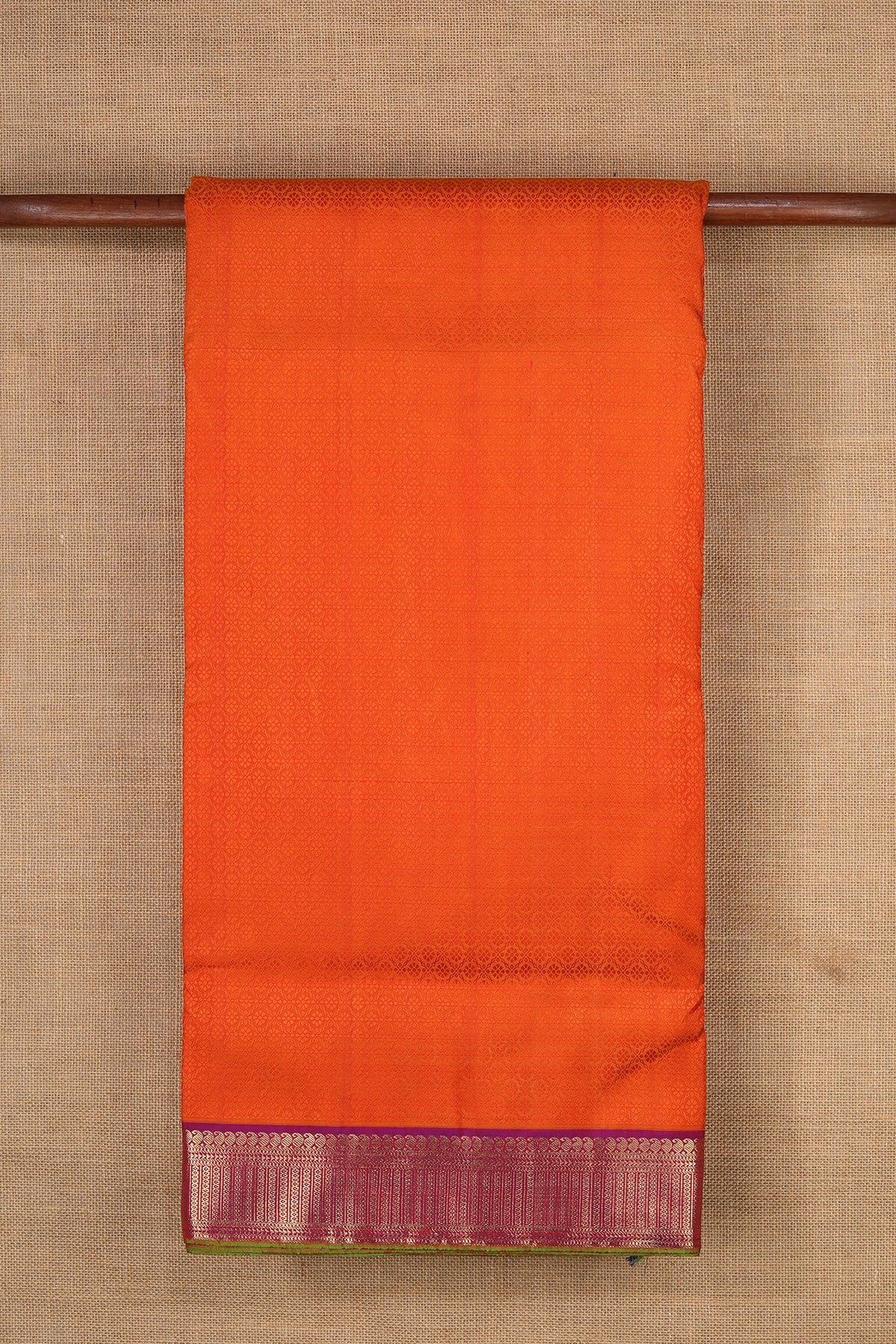 Contrast Paisley Border With Jacquard Floral Design Marigold Orange Nine Yards Kanchipuram Silk Saree