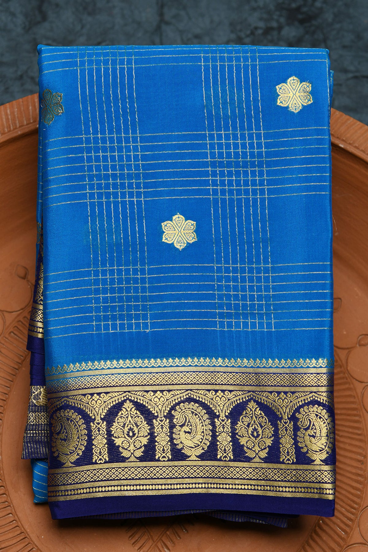Contrast Paisley Zari Border With Checks And Floral Butta Ramar Blue Mysore Silk Saree
