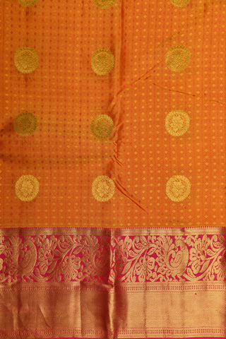 Contrast Peacock Border With Floral Zari Butta Rust Orange Kanchipuram Silk Saree