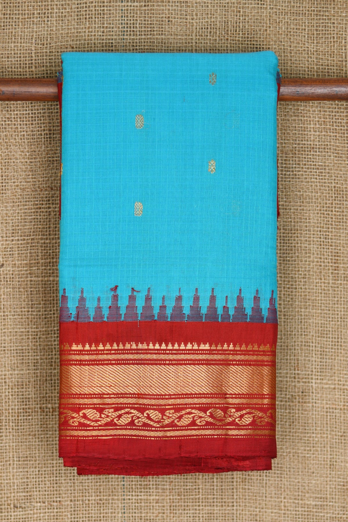 Contrast Zari Border In Buttis Sky Blue Gadwal Silk Cotton Saree