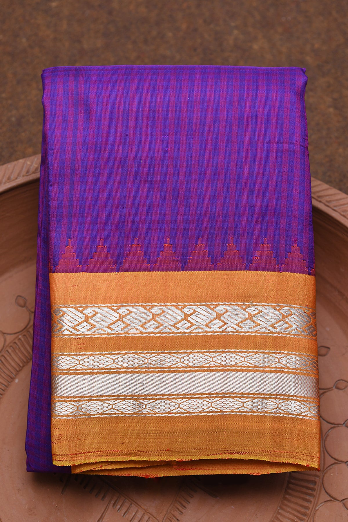 Contrast Silver Zari Border Purple And Royal Blue Gadwal Silk Saree