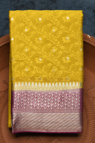 Contrast Silver Zari Border With Floral Creepers Design Corn Yellow Mysore Silk Saree