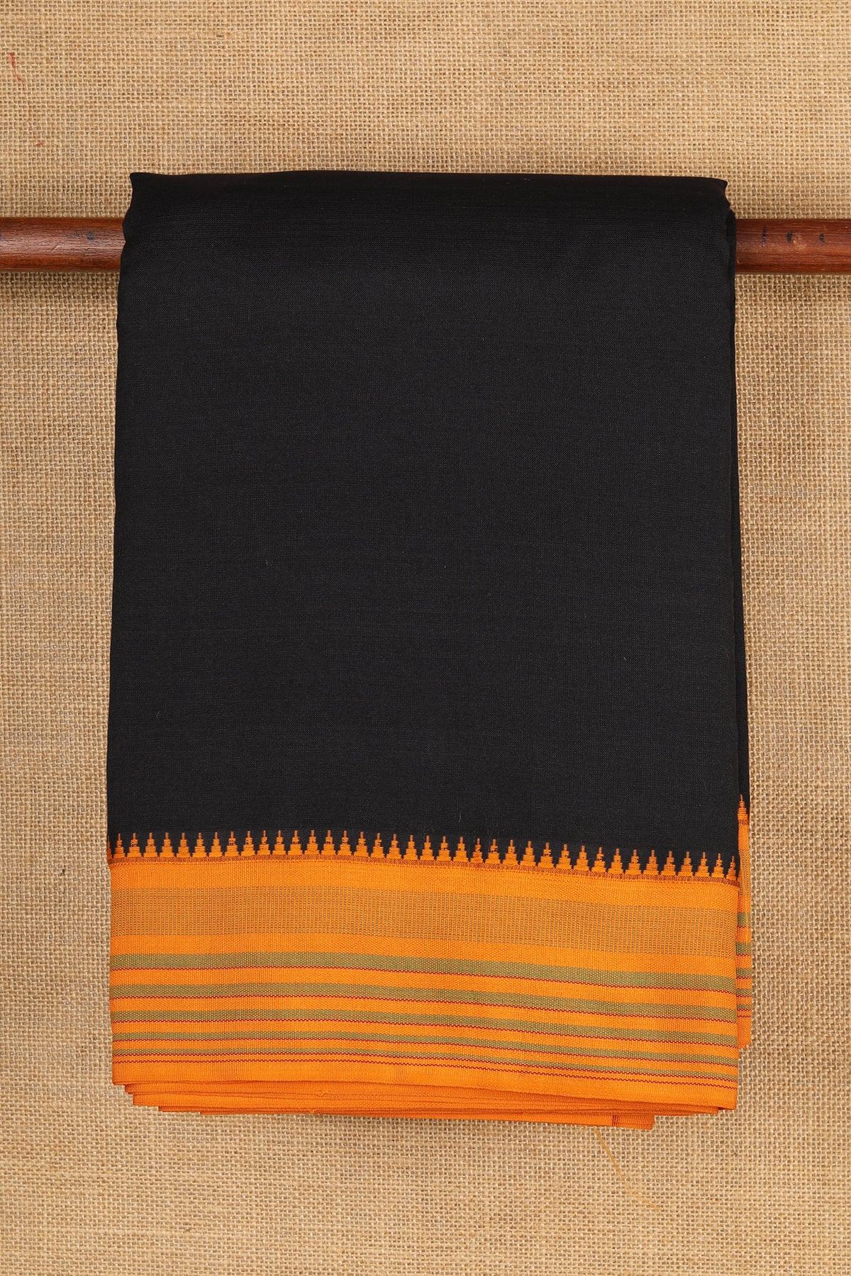 Contrast Thread Work Stripes Border In Plain Black Dharwad Cotton Saree