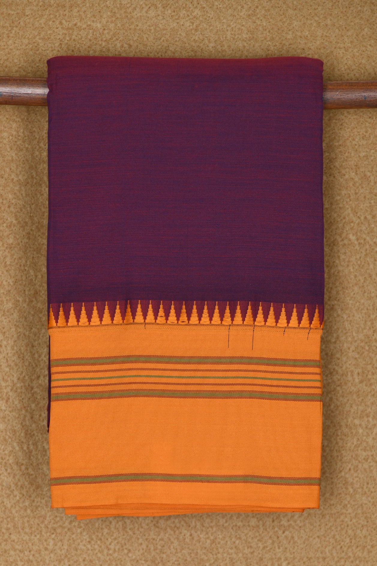Contrast Temple Border In Plain Purple Semi Dharwad Cotton Saree
