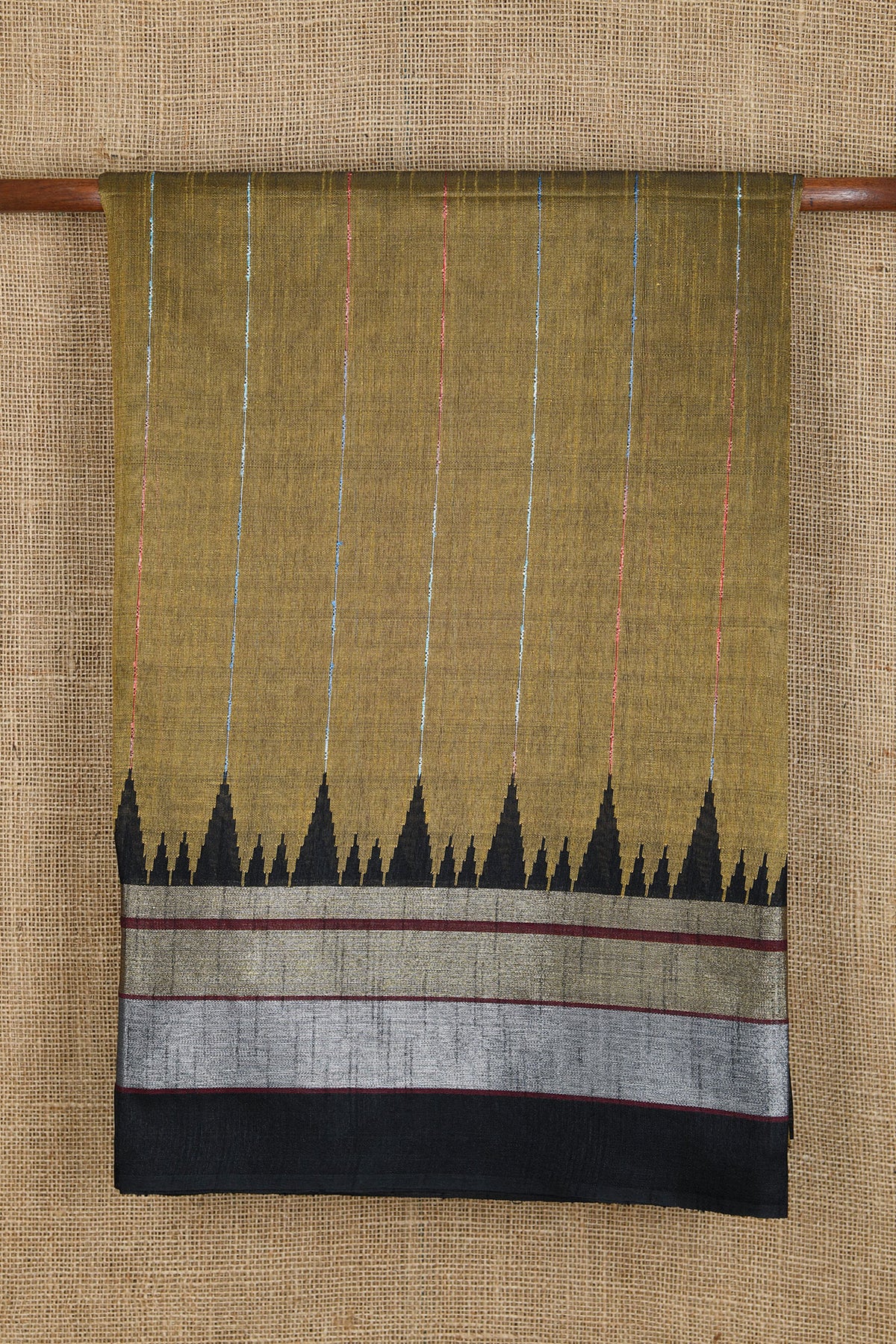 Contrast Temple Border With Thread Work Stripes Olive Green Jute Silk Saree