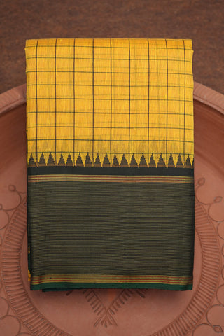Contrast Temple Design Border Royal Yellow Linen Kanchipuram Silk Saree