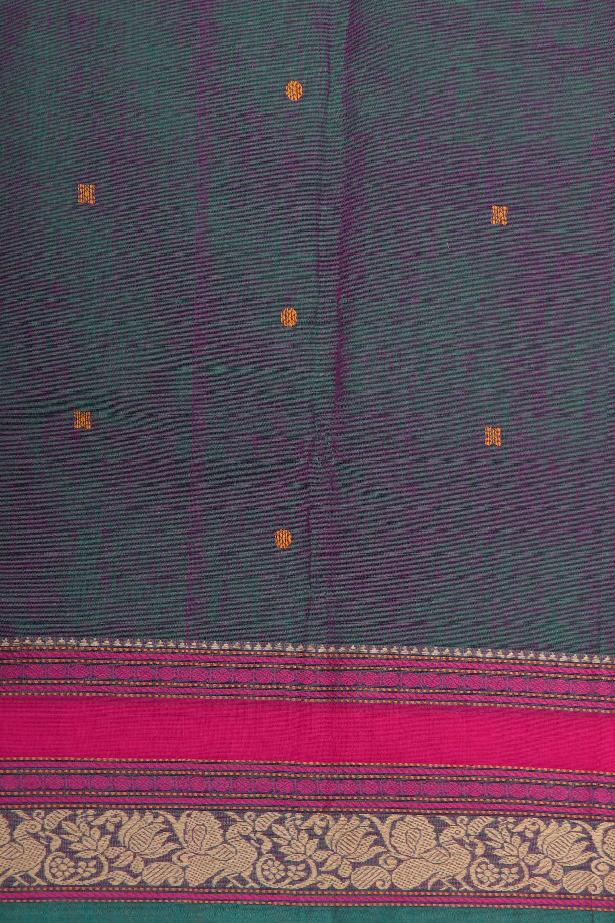 Contrast Thread Work Border In Buttis Greenish Purple Chettinad Cotton Saree