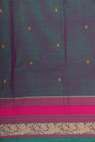 Contrast Thread Work Border In Buttis Greenish Purple Chettinad Cotton Saree