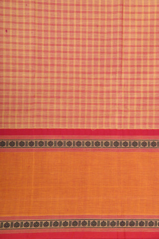 Contrast Thread Work Border In Checks Peach Orange Chettinad Cotton Saree