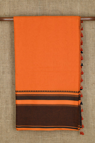 Contrast Thread Work Border In Plain Bright Orange Bengal Cotton Saree