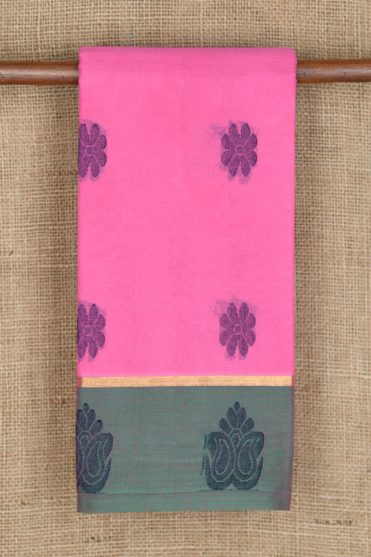 Contrast Thread Work Border With Floral Buttas Hot Pink Kanchi Cotton Saree