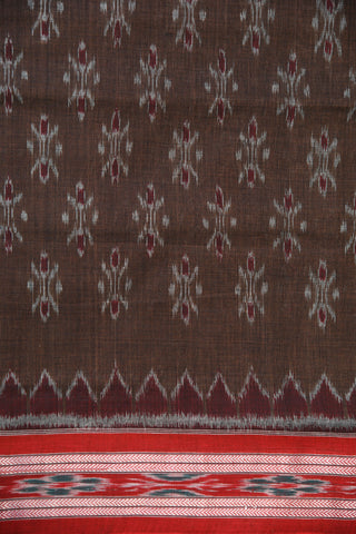 Contrast Thread Work Border With Ikat Design Brown Pochampally Cotton Saree