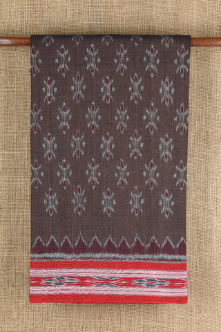 Contrast Thread Work Border With Ikat Design Brown Pochampally Cotton Saree