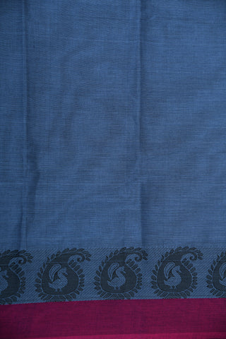 Contrast Thread Work Paisley Border In Plain Stone Blue Chettinad Cotton Saree