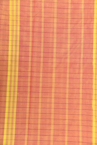 Contrast Thread Work Floral Big Border With Checks Peach Orange Nine Yards Chettinadu Cotton Saree