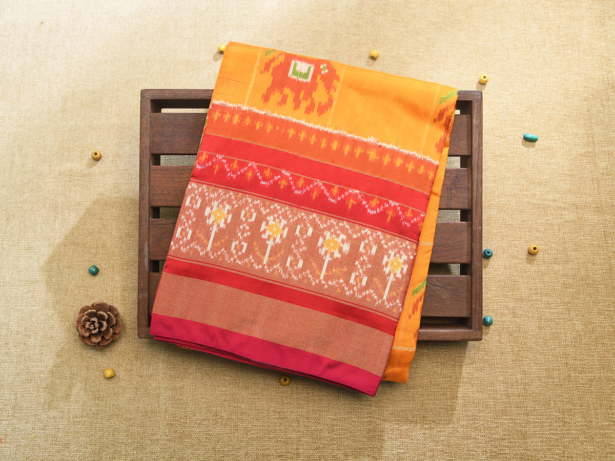 Contrast Tissue Border With Checks And Buttas Marigold Yellow Pochampally Silk Unstitched Pavadai Sattai Material