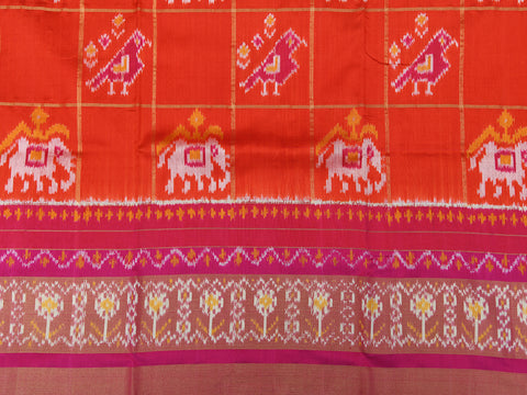 Contrast Tissue Border With Checks And Buttas Ochre Orange Pochampally Silk Unstitched Pavadai Sattai Material