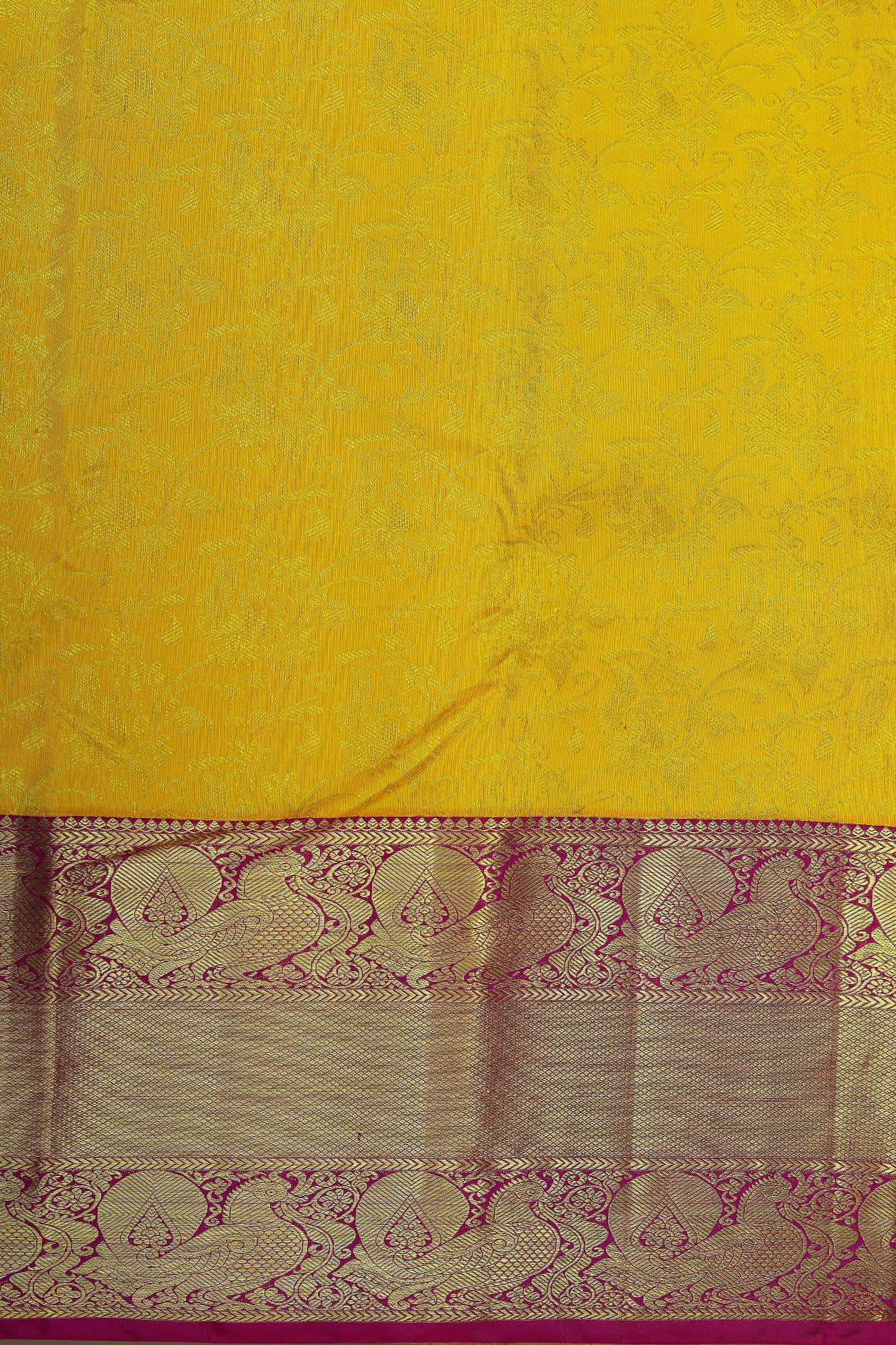 Big Contrast Traditional Border With Floral And Peacock Design Yellow Kanchipuram Silk Saree