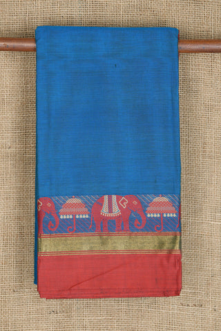 Contrast Traditional Border In Plain Blue Chettinad Cotton Saree