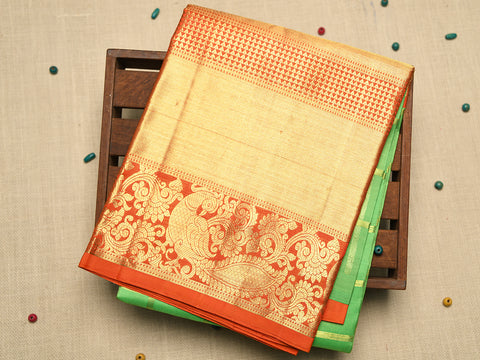 Contrast Traditional Korvai Border With Butta Checks Jade Green Kanchipuram Silk Unstitched Pavadai Sattai Material