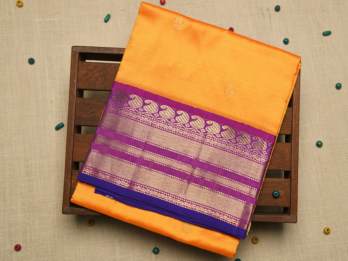 Contrast Traditional Korvai Border With Zari Buttas Marigold Orange Kanchipuram Silk Unstitched Pavadai Sattai Material