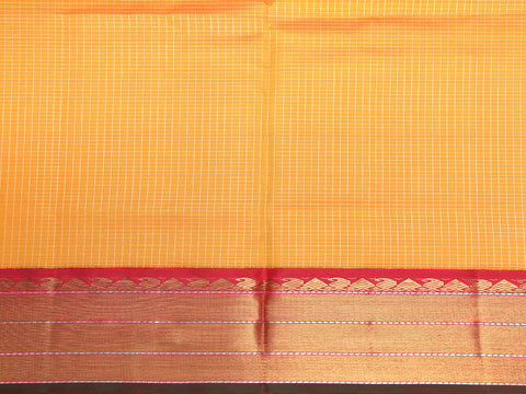 Contrast Traditional Korvai Border With Zari Checks Marigold Yellow Kanchipuram Silk Unstitched Pavadai Sattai Material