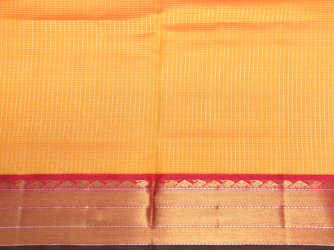 Contrast Traditional Korvai Border With Zari Checks Marigold Yellow Kanchipuram Silk Unstitched Pavadai Sattai Material