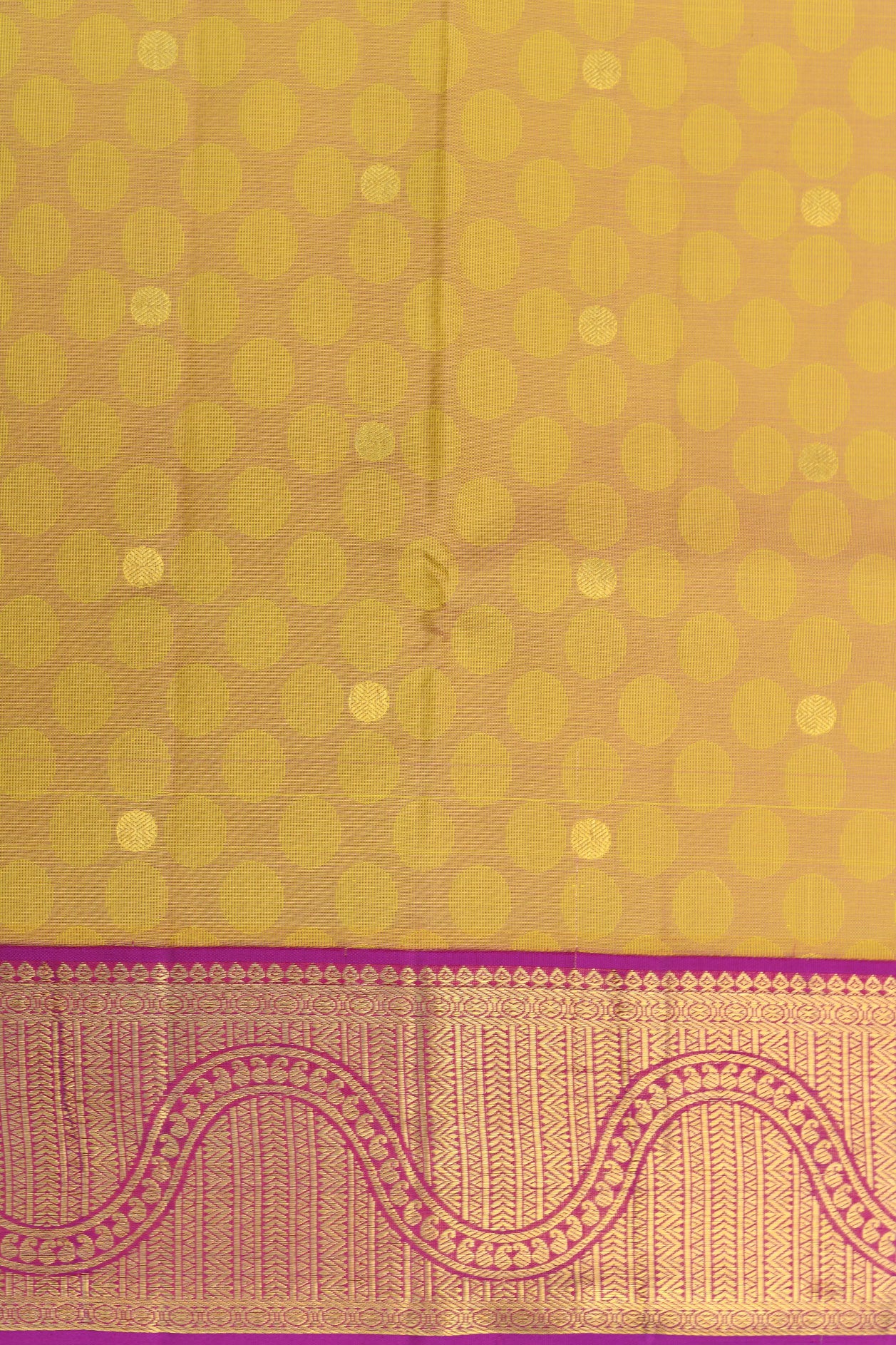 Contrast Traditional Zari Border With Polka Dots Mustard Kanchipuram Silk Saree